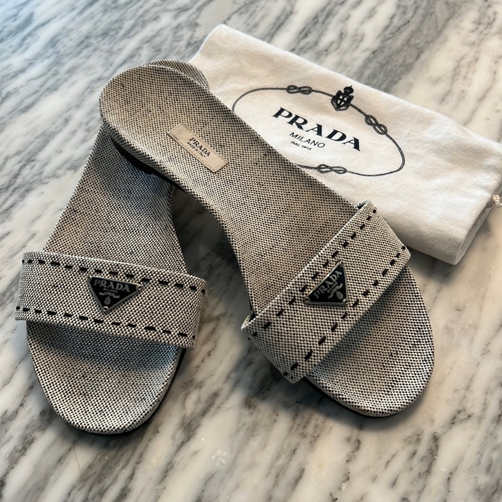 Prada black and white canvas tweed flats